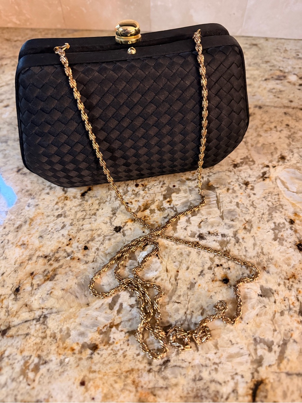 Vintage Neiman Marcus Woven Black Satin Box Clutch Evening Bag Gold Chain